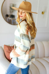 Button Down Stripe Soft Fuzzy Sweater Cardigan Haptics